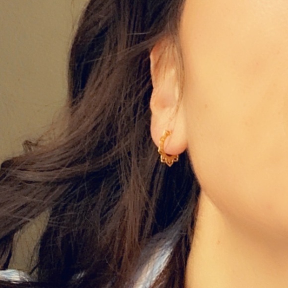 24K Gold Laser Cut Heart Half Hoop Earrings - Picture 12 of 12